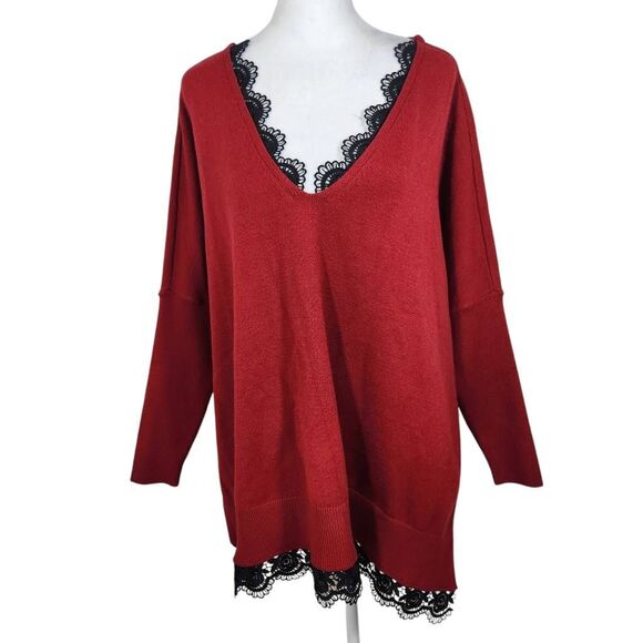 Chico's Red Sweater Poncho with Black Lace Trim NWT Size Small/Medium Red Poncho - Picture 1 of 11